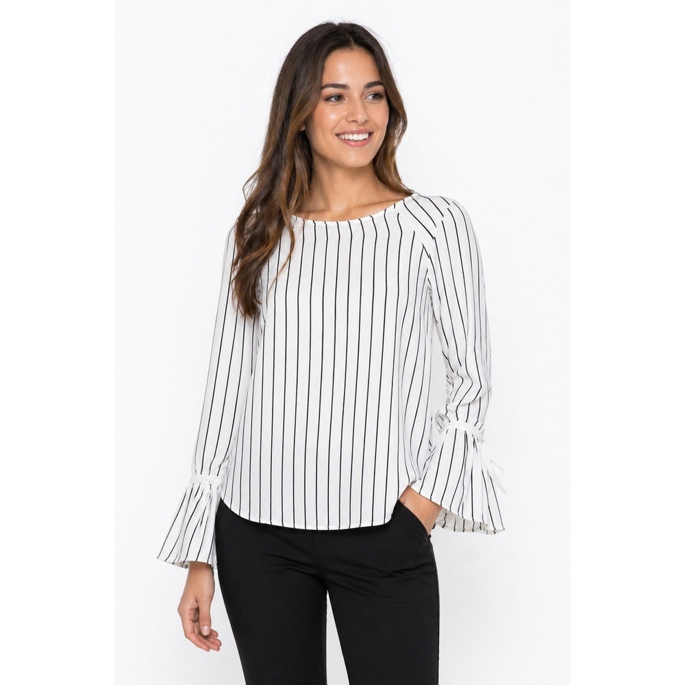 Dalia Womens Blouse M White Black Stripe Bell Sleeve Keyhole Back